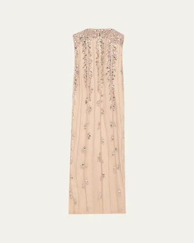Pamella Roland Crystal Tulle Strapless Gown With Detachable Cape In Champagne