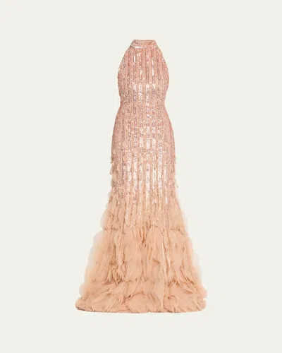 Pamella Roland Degrade Beaded Tulle Ruffle Halter Gown In Gold