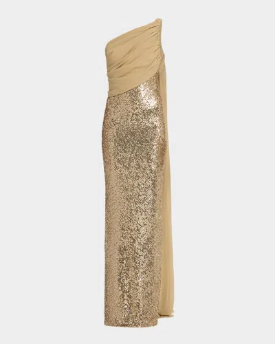 Pamella Roland Draped Chiffon One-shoulder Sequined Gown In Gold