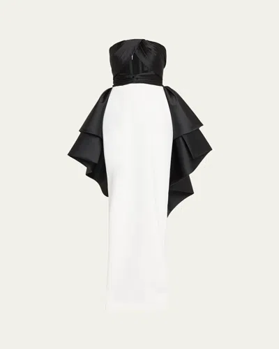Pamella Roland Draped Mikado Strapless Tulle-corset Crepe Gown In Black Ivory