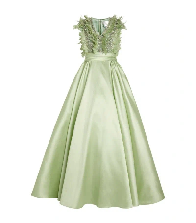 Pamella Roland Embellished Bodice Feather-trim Gown In Green