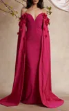 Pamella Roland Embellished Cape-sleeve Crepe Gown In Fuchsia