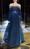 Pamella Roland Embellished Off-the-shoulder Tulle Gown In Blue