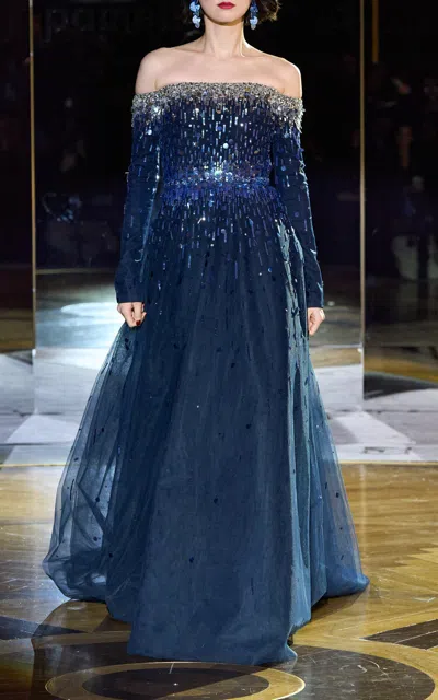 Pamella Roland Embellished Off-the-shoulder Tulle Gown In Blue