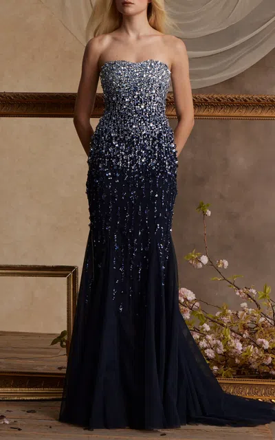 Pamella Roland Embellished Ombre Tulle Gown In Blue