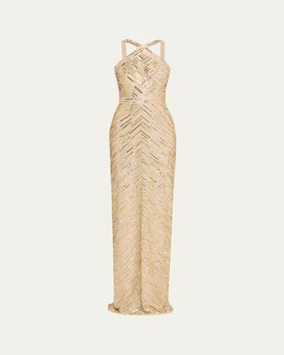 Pamella Roland Embellished Tulle Halter Gown In Gold