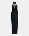 Pamella Roland Embroidered Crepe Halter Illusion Gown In Black