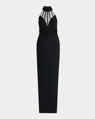 Pamella Roland Embroidered Crepe Halter Illusion Gown In Black