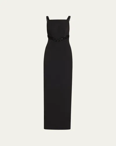 Pamella Roland Embroidered Inset Sleeveless Crepe Gown In Black