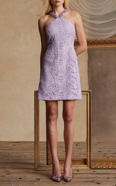 Pamella Roland Embroidered Lace Cocktail Mini Dress In Purple