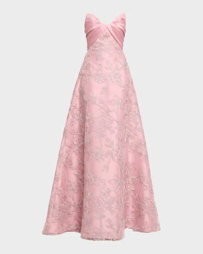 Pamella Roland Embroidered Satin Strapless Gown In Pink