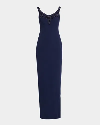 Pamella Roland Embroidered Sleeveless Crepe Column Gown In Blue