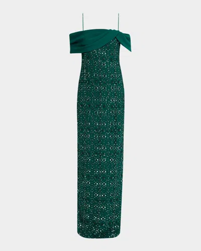 Pamella Roland Embroidered Tulle And Crepe Gown In Emerald