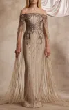 Pamella Roland Embroidered Tulle Cape Gown In Nude