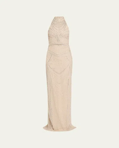 Pamella Roland Embroidered Tulle Halter Gown In Multi