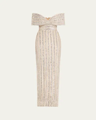 Pamella Roland Embroidered Tulle Off-the-shoulder Gown In Nudemulti