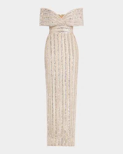 PAMELLA ROLAND EMBROIDERED TULLE OFF-THE-SHOULDER GOWN