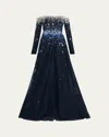 Pamella Roland Embroidered Tulle Off-the-shoulder Long-sleeve Gown In Blue