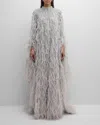 PAMELLA ROLAND FEATHER BEADED TULLE CAPE CAFTAN GOWN