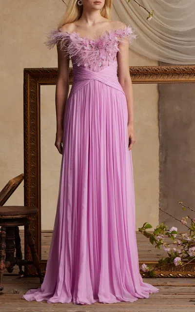 Pamella Roland Feather-embellished Chiffon Gown In Pink