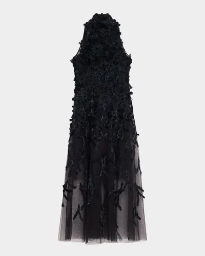 Pamella Roland Feather Embellished Tulle Gown In Black