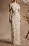 Pamella Roland Feather-embellished Tulle Gown In Ivory