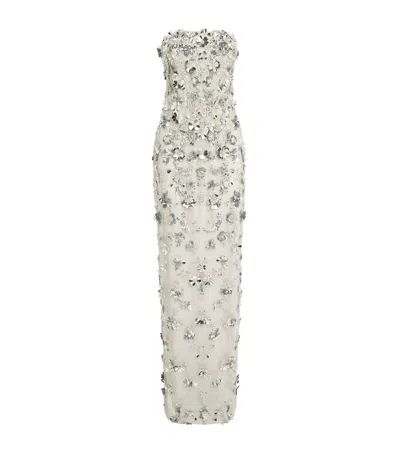 Pamella Roland Floral Embellished Gown In Silver