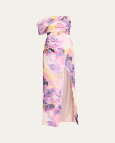 Pamella Roland Floral Taffeta Asymmetric Gown In Multi