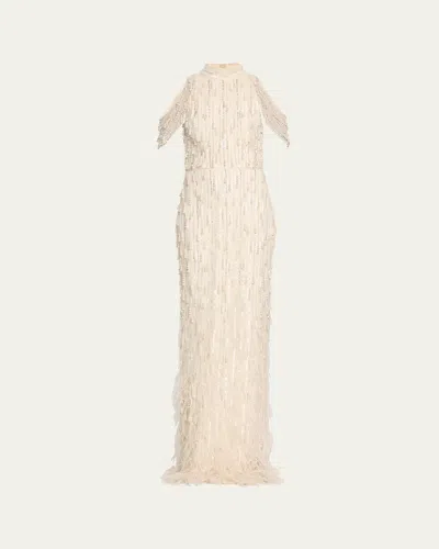Pamella Roland Fringe Beaded Cold-shoulder Tulle Gown In Ivoryivory