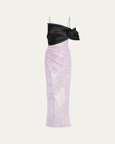 Pamella Roland Hybrid Off-shoulder Sequined Mikado Gown In Lilacblack
