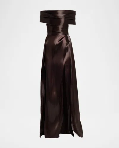 Pamella Roland Liquid Organza Off-the-shoulder Slit Gown In Brown