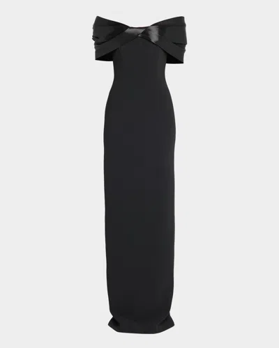 Pamella Roland Liquid Satin Off-the-shoulder Crepe Gown In Black