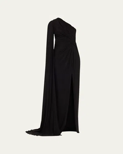 Pamella Roland Metallic Jersey Cape-sleeve Gown In Black