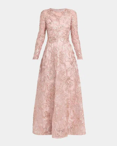 Pamella Roland Metallic Raffia Floral Embroidered Long-sleeve Gown In Black