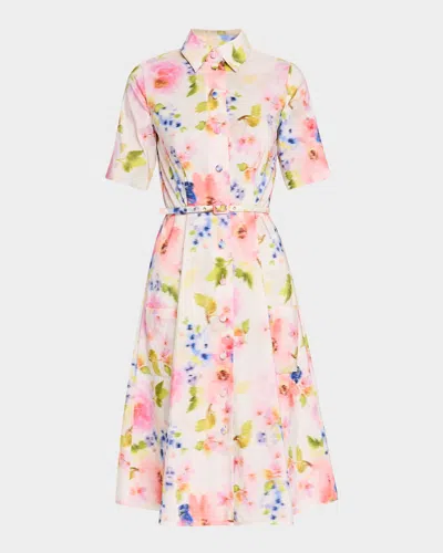 Pamella Roland Multi Floral Taffeta Short-sleeve Shirtdress With Belt In White Multi