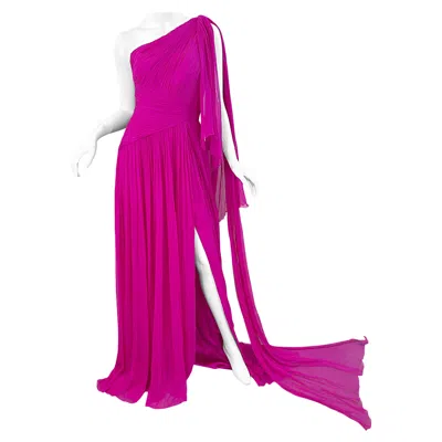 Pre-owned Pamella Roland Nwt  Spring 2018 Sz 6 / 8 Hot Pink Silk Chiffon One Shoulder Gown