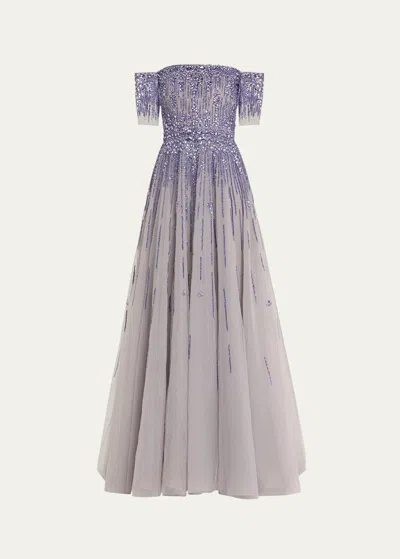 Pamella Roland Off-shoulder Crystal Degrade Tulle Gown In Smokelt Purple