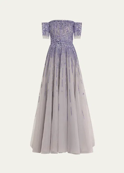 Pamella Roland Off-shoulder Crystal Degrade Tulle Gown In Blue