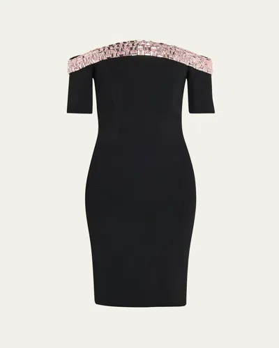 Pamella Roland Off-shoulder Crystal Neck-trim Crepe Cocktail Dress In Blackpink