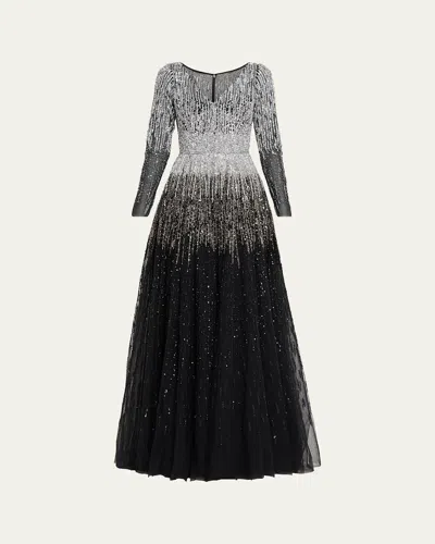 Pamella Roland Ombre Embroidered Tulle Long-sleeve Gown In Multi