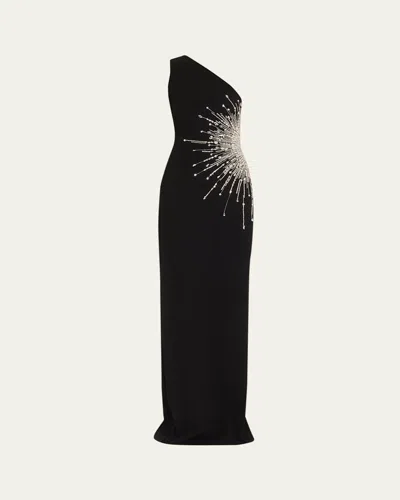 Pamella Roland One-shoulder Crystal Starburst Crepe Gown In Black