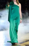 Pamella Roland One-shoulder Satin Caftan In Green