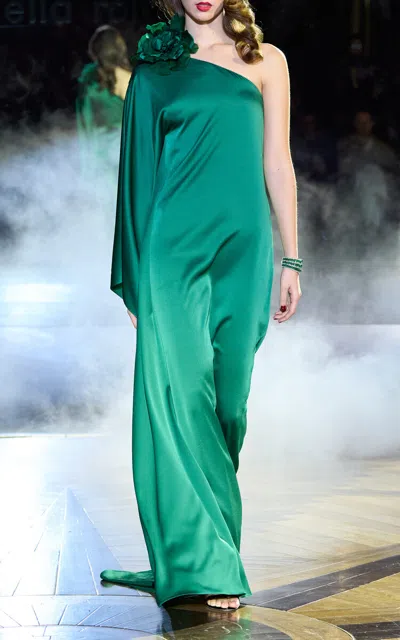 Pamella Roland One-shoulder Satin Caftan In Green