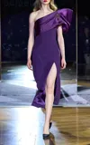 Pamella Roland One-shoulder Satin-face Organza & Crepe Midi Dress In Purple
