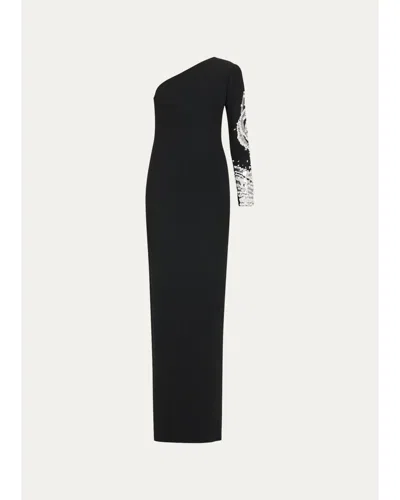 Pamella Roland One-shoulder Beaded Crepe Column Gown In Black