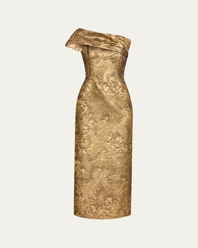 Pamella Roland One-shoulder Metallic Jacquard Midi Cocktail Dress In Gold