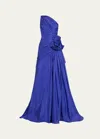 PAMELLA ROLAND PLEATED ONE-SHOULDER TAFFETA GOWN WITH FLORAL DETAIL