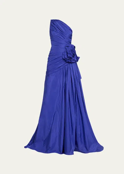 Pamella Roland Pleated One-shoulder Taffeta Gown With Floral Detail In Cobalt