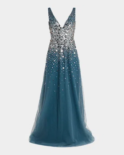 Pamella Roland Plunging Beaded Tulle A-line Gown In Multi