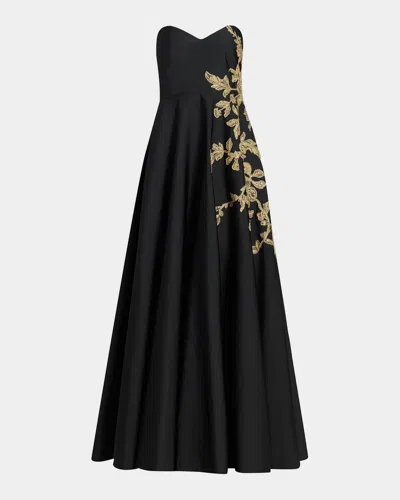 Pamella Roland Raffia Floral-embroidered Faille Strapless Gown In Black